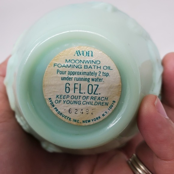 Vintage Avon Bath Oil Milk Glass Decanter Stopper Jadeite Rose Floral Bottle - Picture 7 of 13